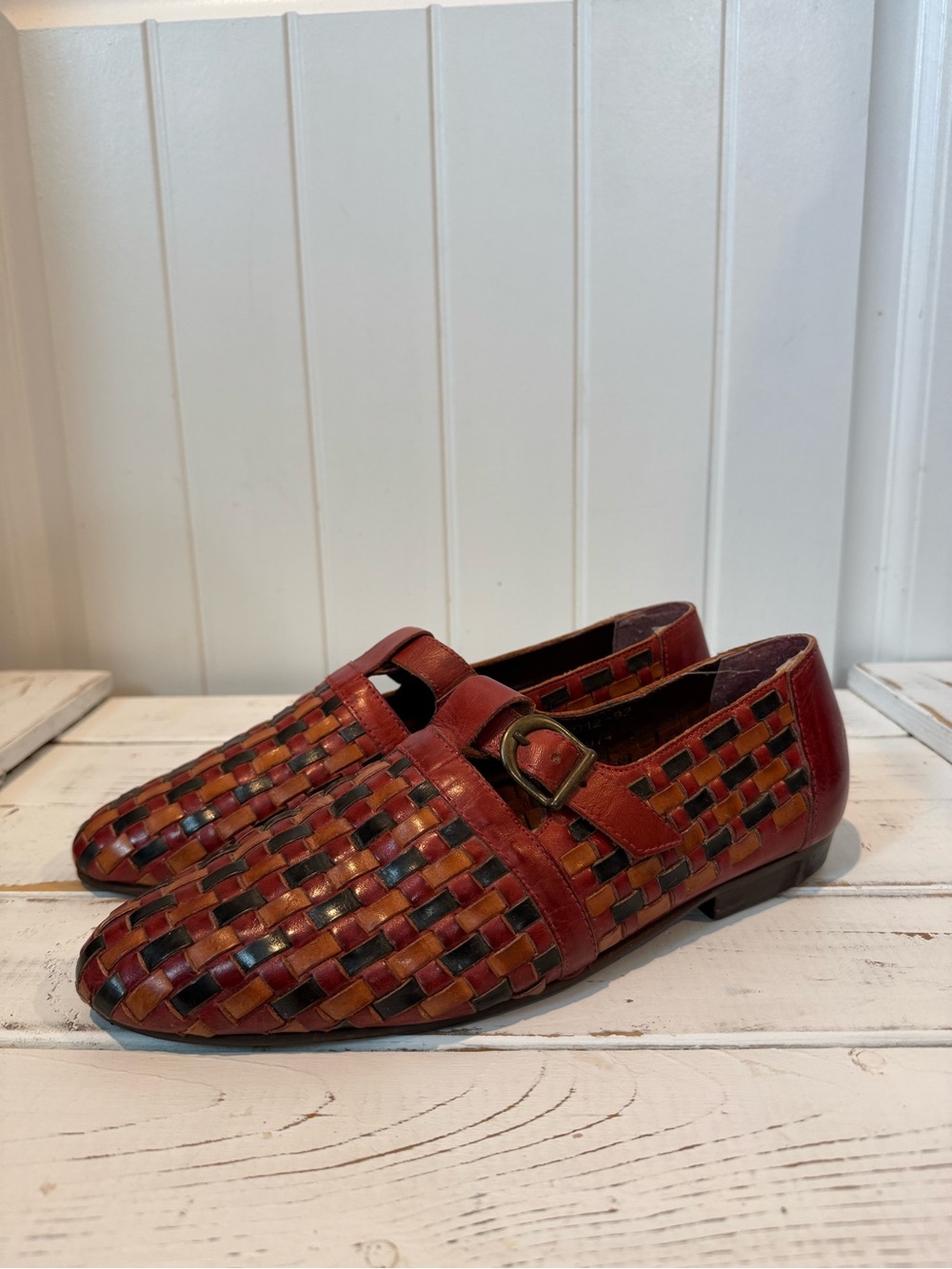 Velocity Multicolor Woven Leather Slip-On Loafers in Red and Tan Leather